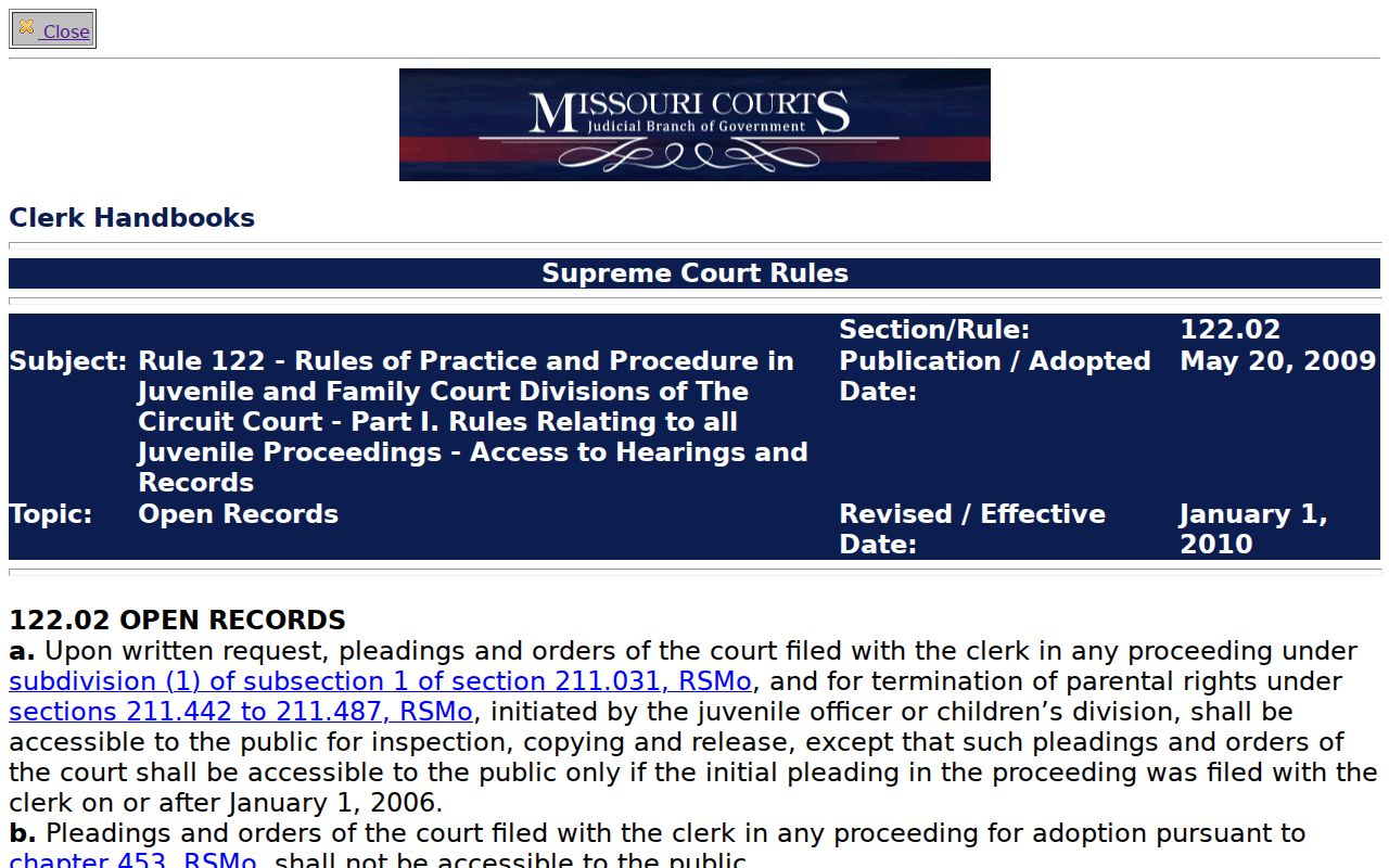 St. Francois County civil docket juvenile and family court record access rule
