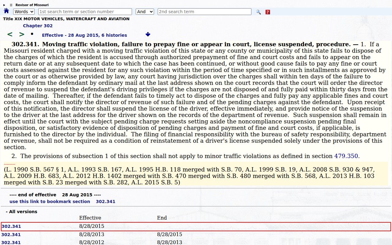 St. Francois County traffic ticket failure to appear court record statute